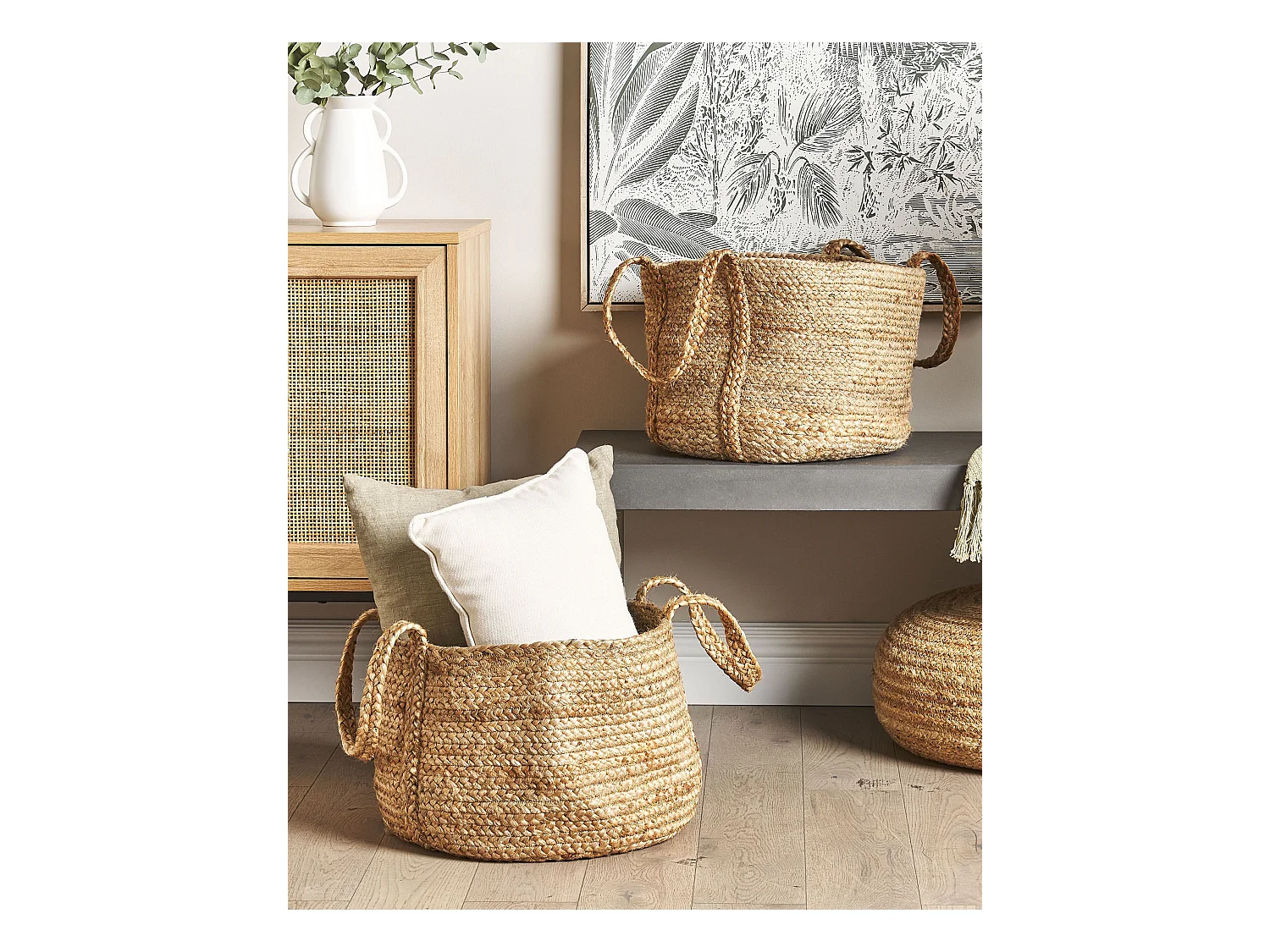 Set aus 2 geflochtenen Jute Aufbewahrungskörben Behälter Set Natur Kornak