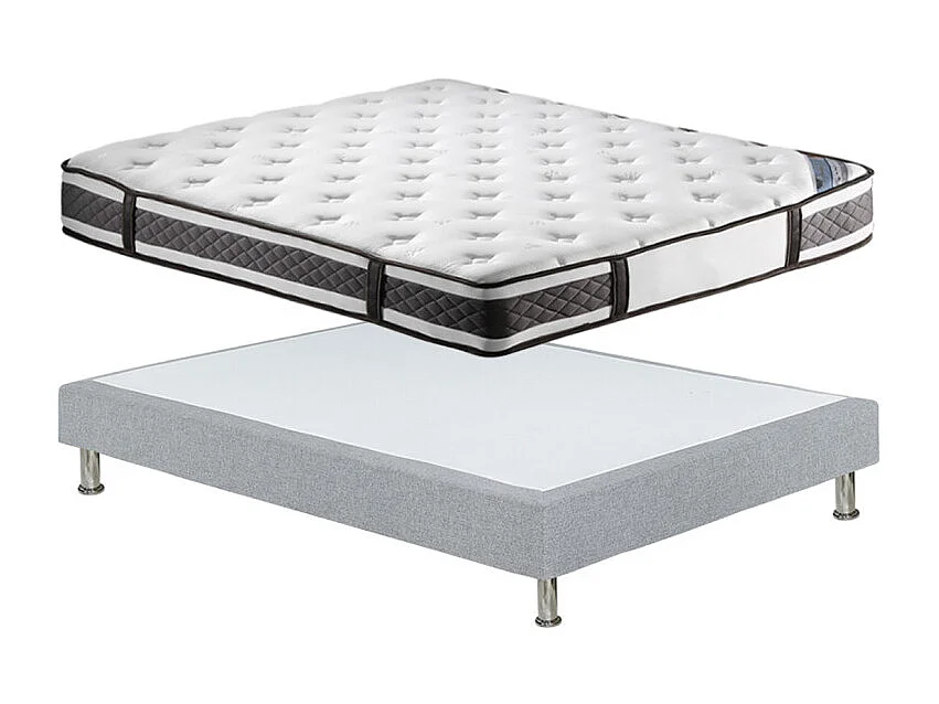 Pack lit 90 x 190 cm sommier tissu gris clair + matelas - REMIMOS