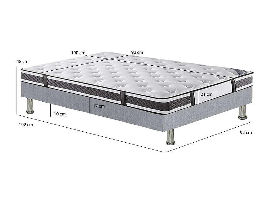 Pack lit 90 x 190 cm sommier tissu gris clair + matelas - REMIMOS