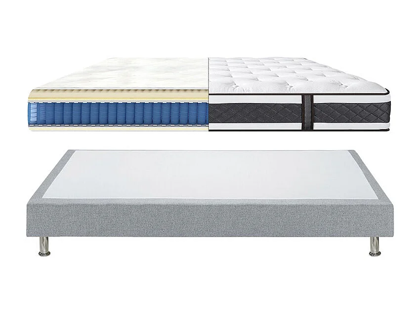 Pack lit 90 x 190 cm sommier tissu gris clair + matelas - REMIMOS