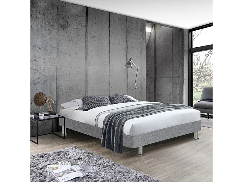Pack lit 90 x 190 cm sommier tissu gris clair + matelas - REMIMOS