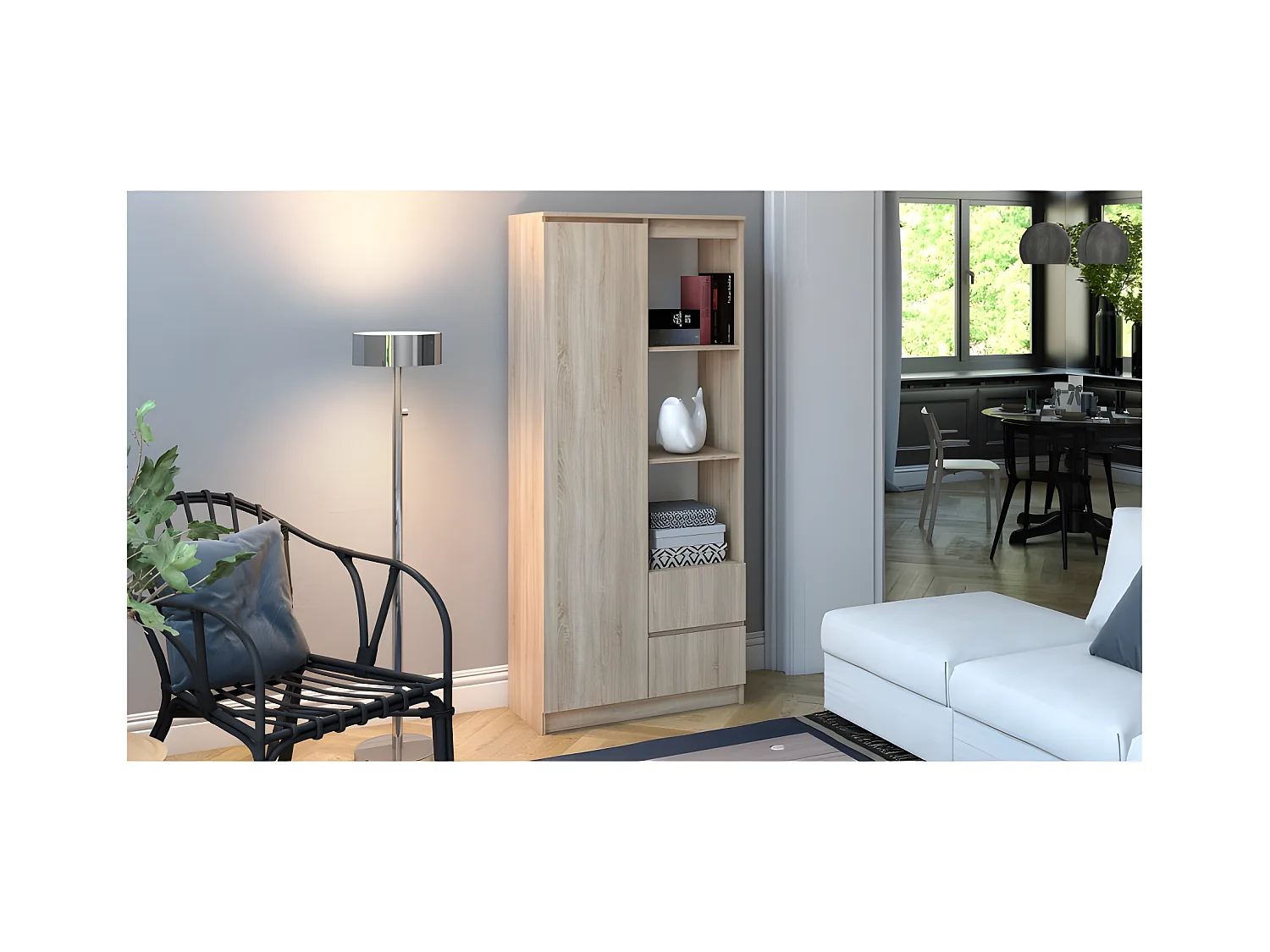 LIVORNO - Bibliothèque 7 niches + 2 tiroirs bureau chambre - 180x80x35 - Meuble de rangement