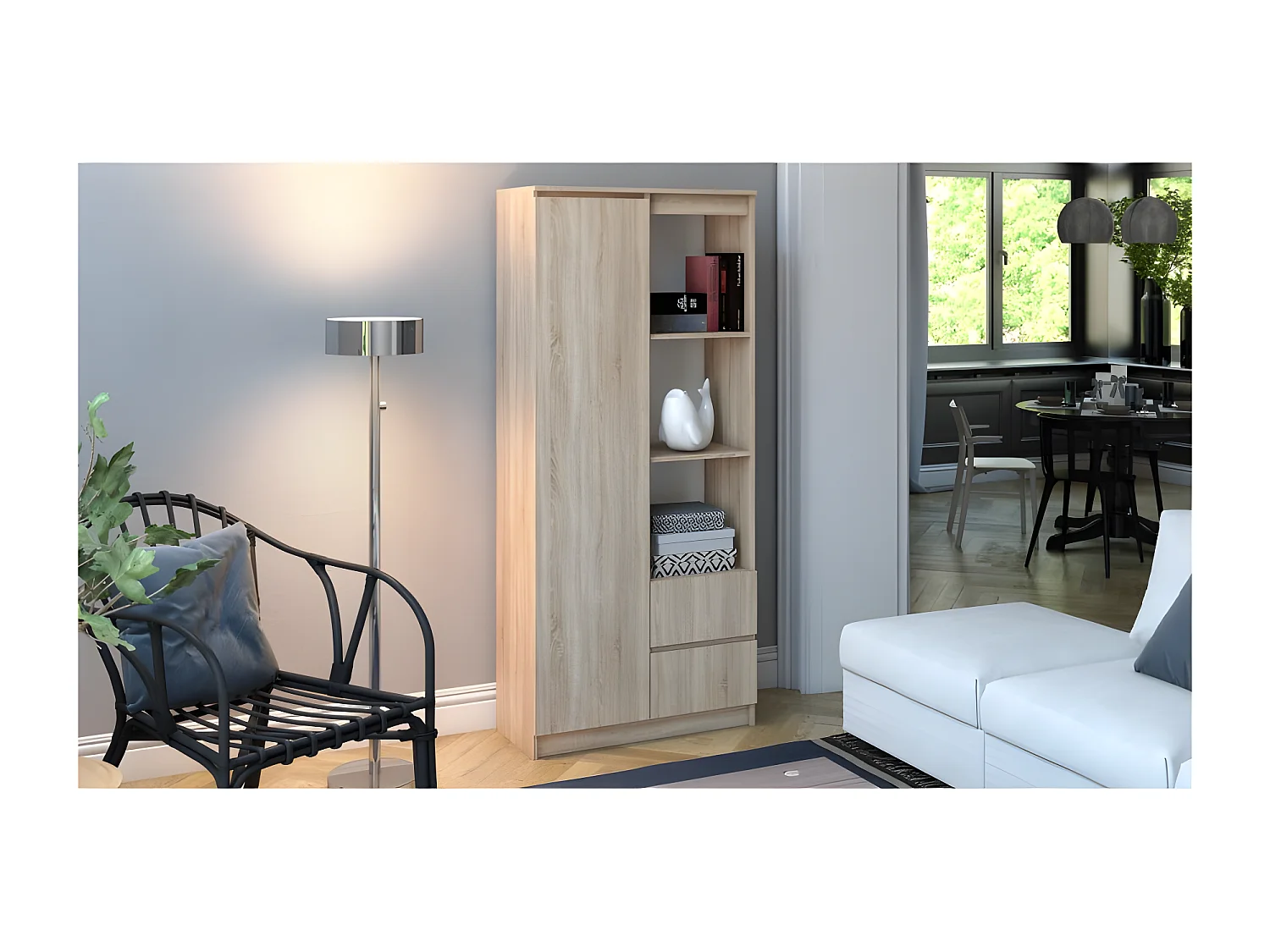 LIVORNO - Bibliothèque 7 niches + 2 tiroirs bureau chambre - 180x80x35 - Meuble de rangement