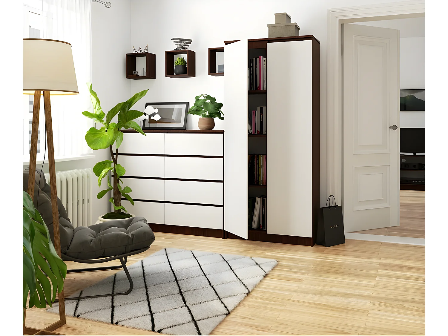 ADALYN - Bibliothèque bureau style moderne salon/cabinet - 80x180x35 - 2 portes+8 tablettes