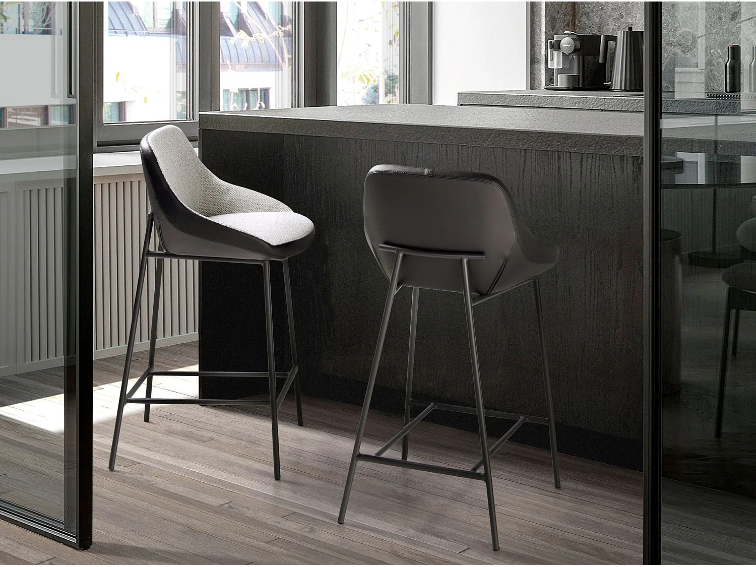 Tabouret en tissu gris et similicuir noir 4100 ANGEL CERDA