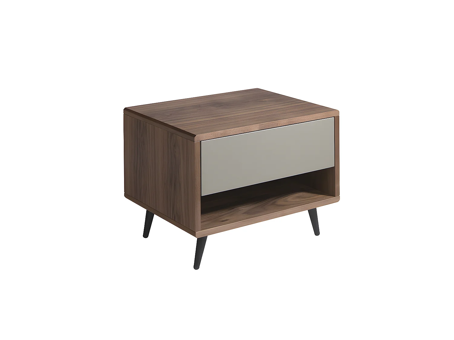 Mesa de cabeceira em madeira de nogueira com gaveta em MDF lacado mate. 7129
