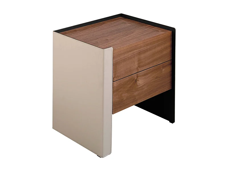 Comodino in ecopelle, noce e acciaio nero