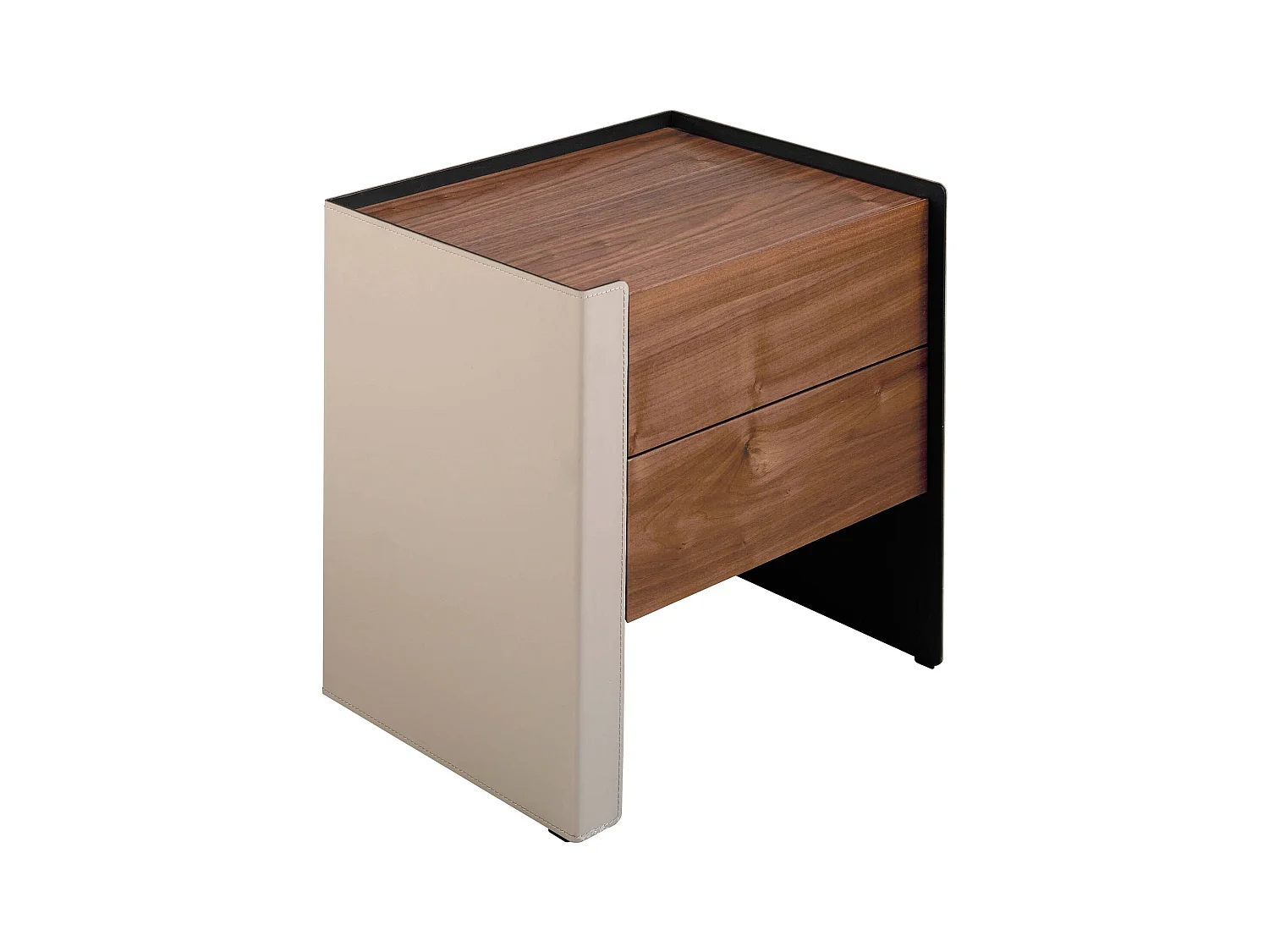 Comodino in ecopelle, noce e acciaio nero