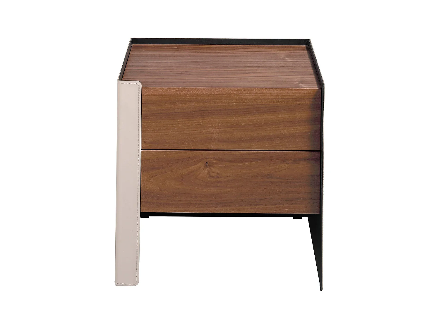 Comodino in ecopelle, noce e acciaio nero