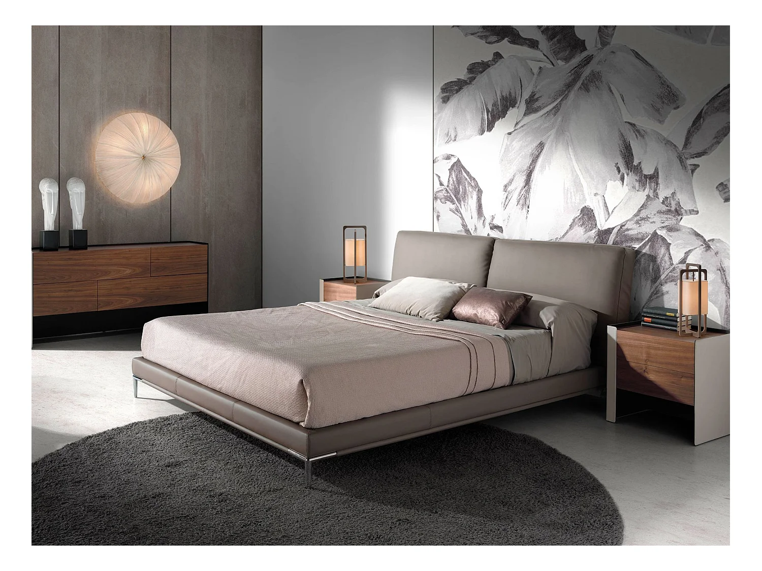 Comodino in ecopelle, noce e acciaio nero