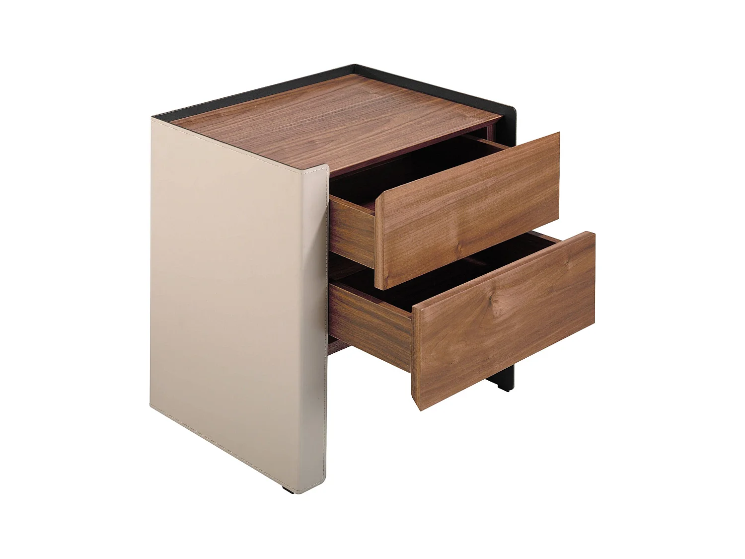 Comodino in ecopelle, noce e acciaio nero