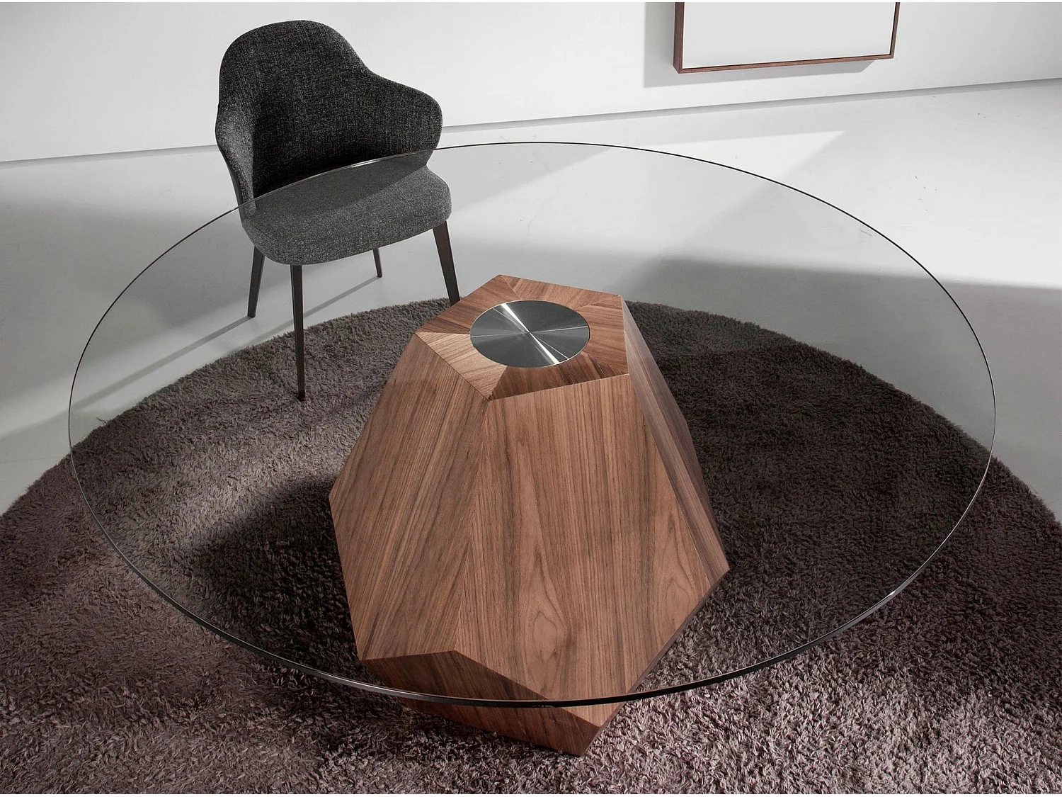 Table à manger ronde verre trempé et noyer 1093 ANGEL CERDA