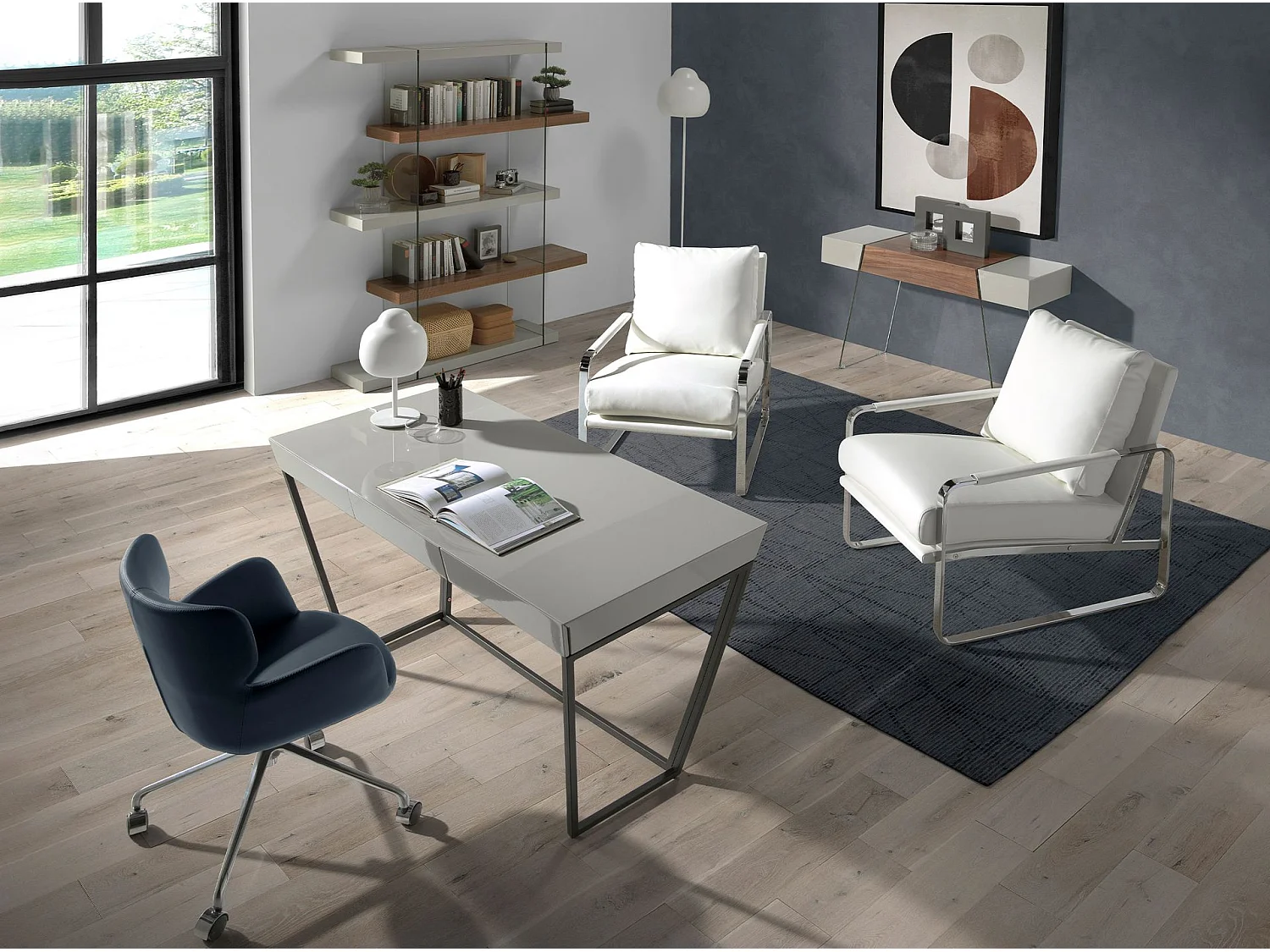 Sedia da ufficio girevole blu con braccioli e gambe in acciaio   4110 ANGEL CERDA