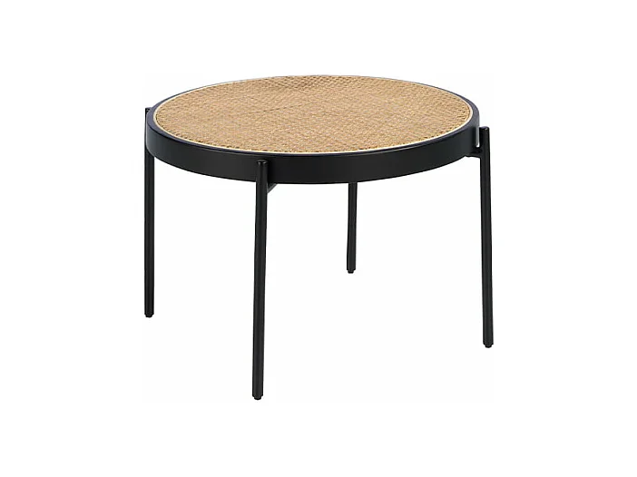 Okrągły stolik kawowy z rattanu, czarnego drewna i czarnej stali