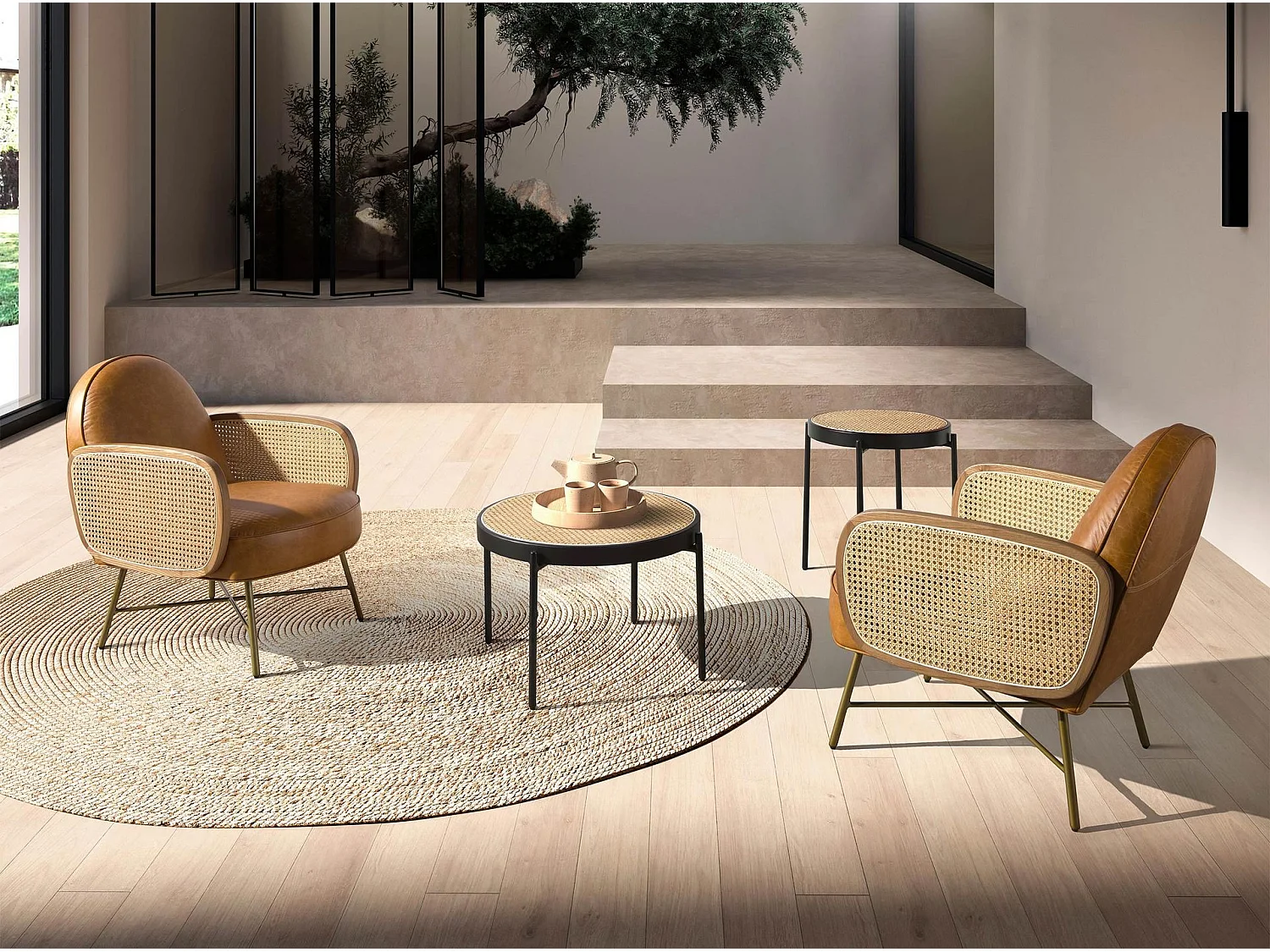 Table basse ronde en rotin, bois noir et acier noir 2111 ANGEL CERDA