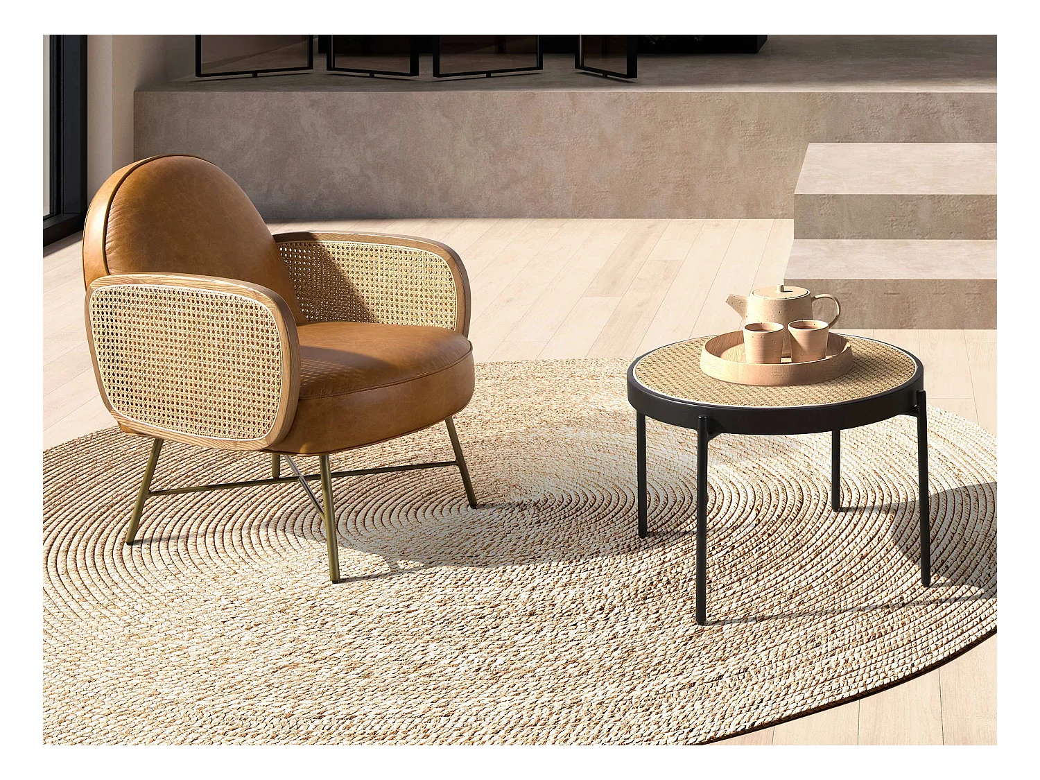 Runder Couchtisch aus Rattan und Schwarz  2111 ANGEL CERDA