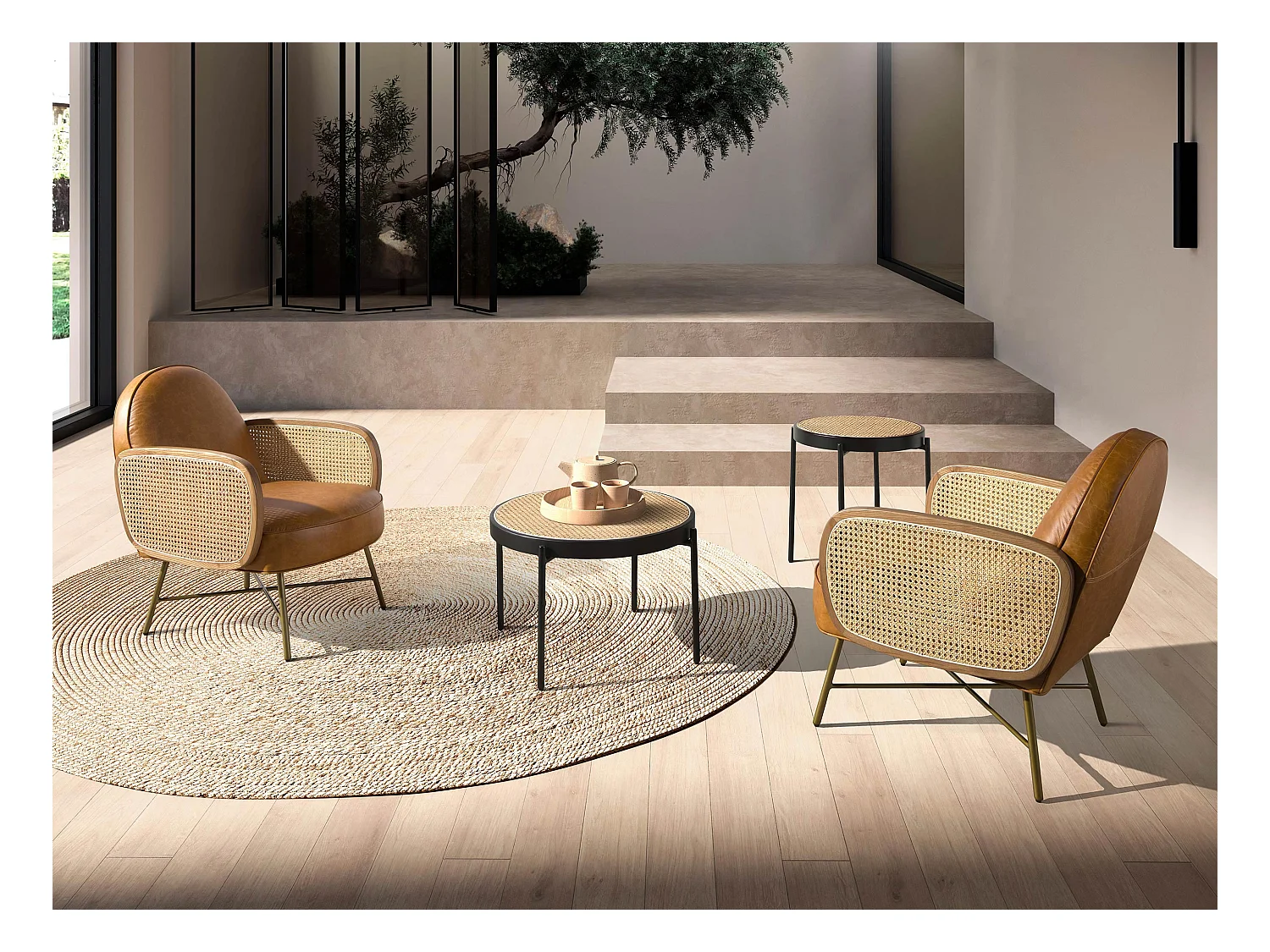 Runder Couchtisch aus Rattan und Schwarz  2111 ANGEL CERDA