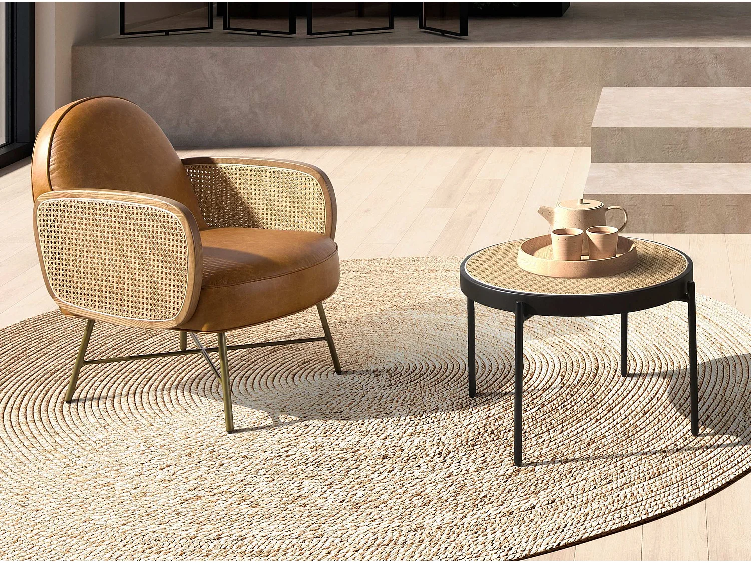 Table basse ronde en rotin, bois noir et acier noir 2111 ANGEL CERDA