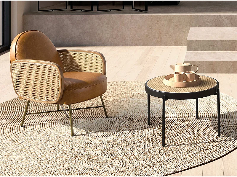 Table basse ronde en rotin, bois noir et acier noir 2111 ANGEL CERDA