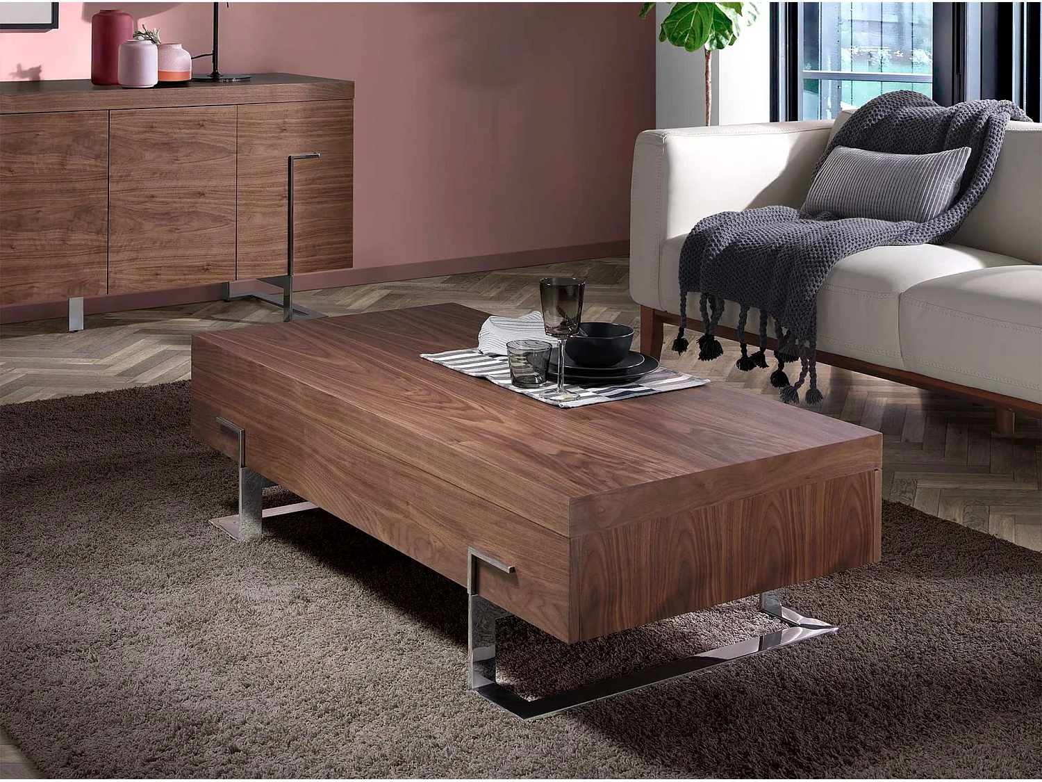 Rechteckiger Couchtisch Nussbaum und verchromter Stahl 2099 ANGEL CERDA