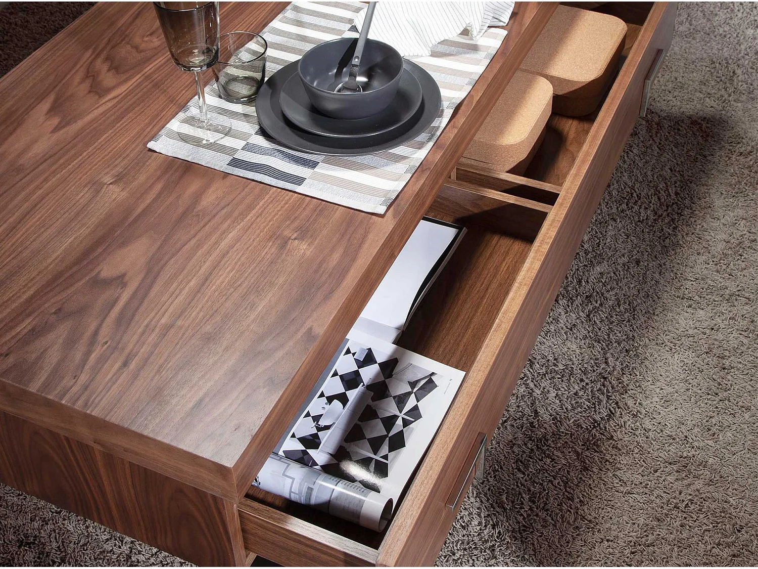 Rechteckiger Couchtisch Nussbaum und verchromter Stahl 2099 ANGEL CERDA