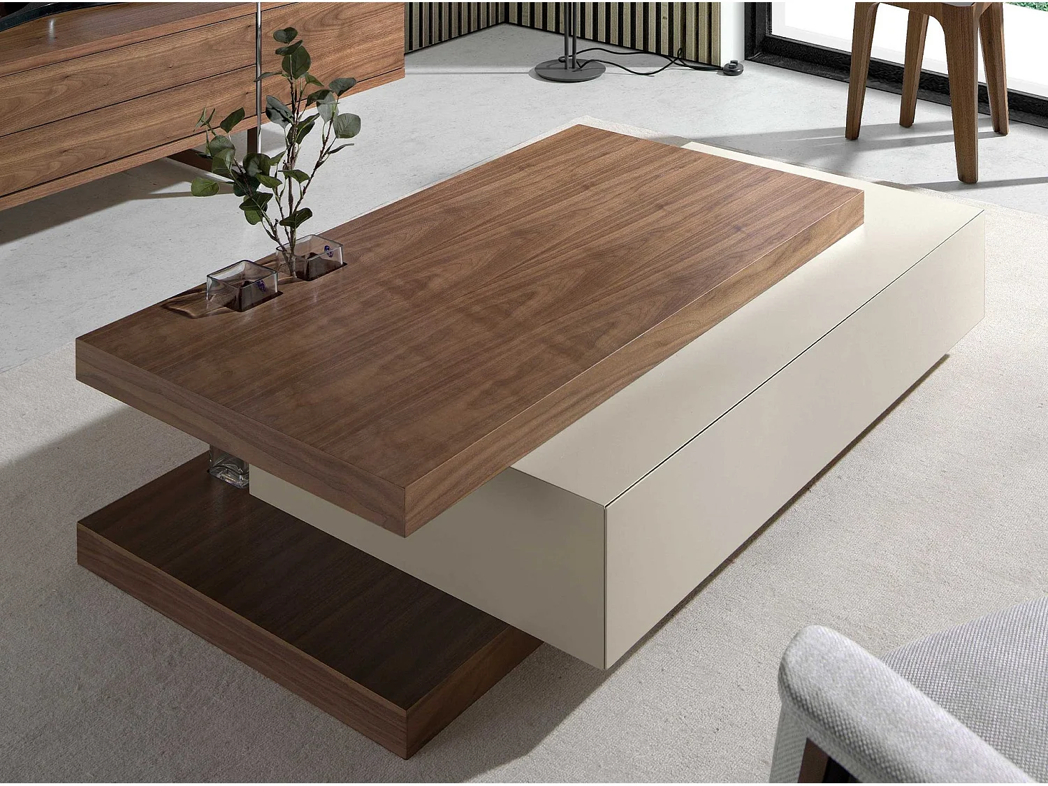 Table basse rectangulaire en bois beige et noyer