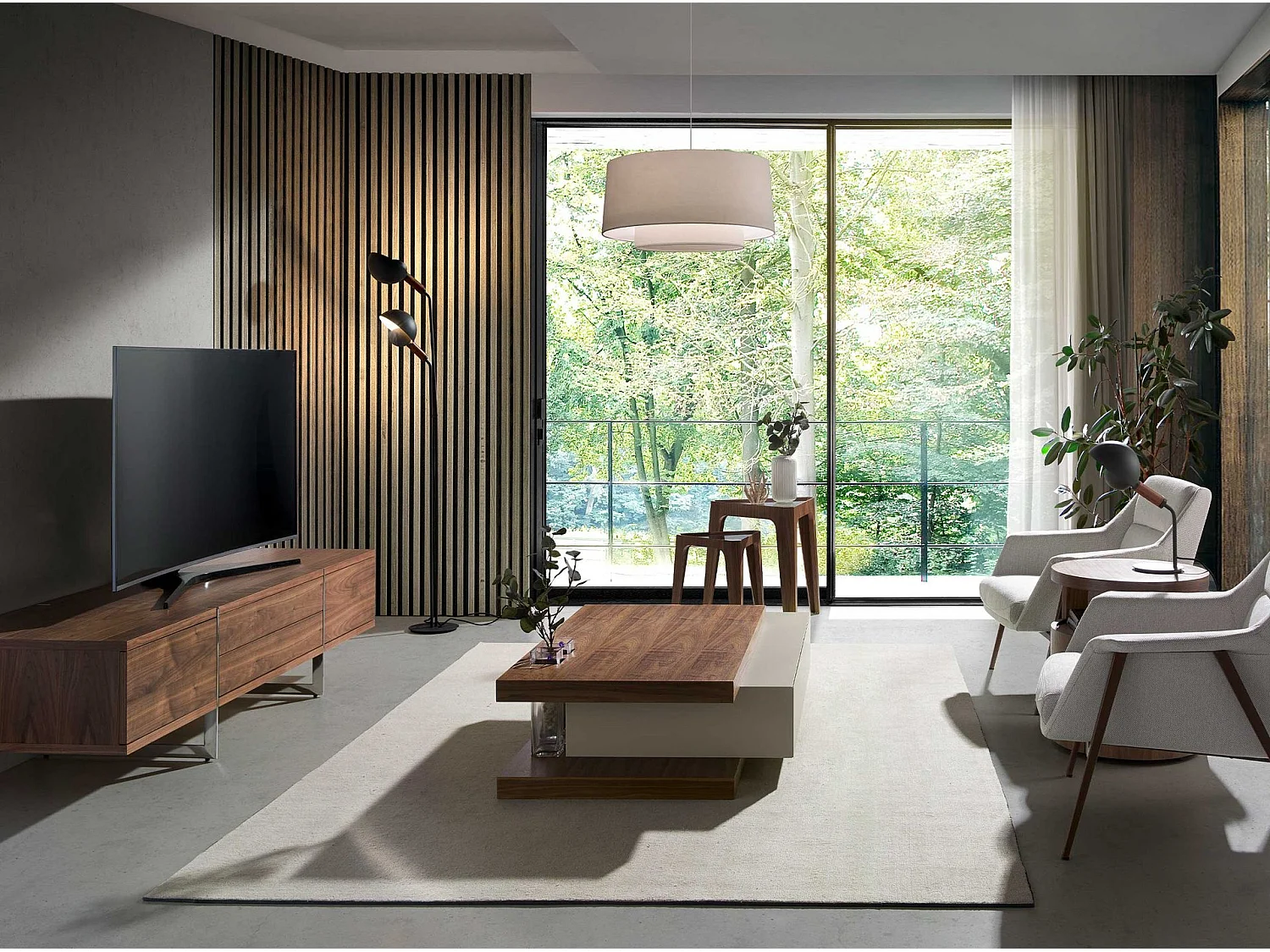 Table basse rectangulaire en bois beige et noyer