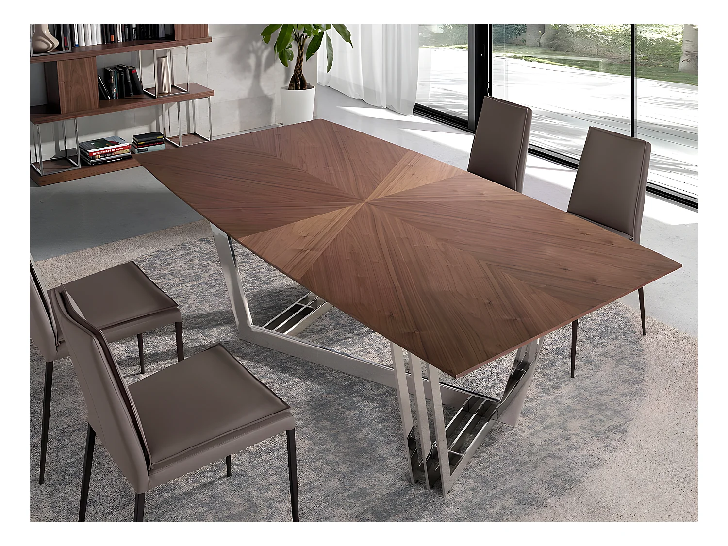Mesa de jantar em madeira de nogueira e aço cromado 1097