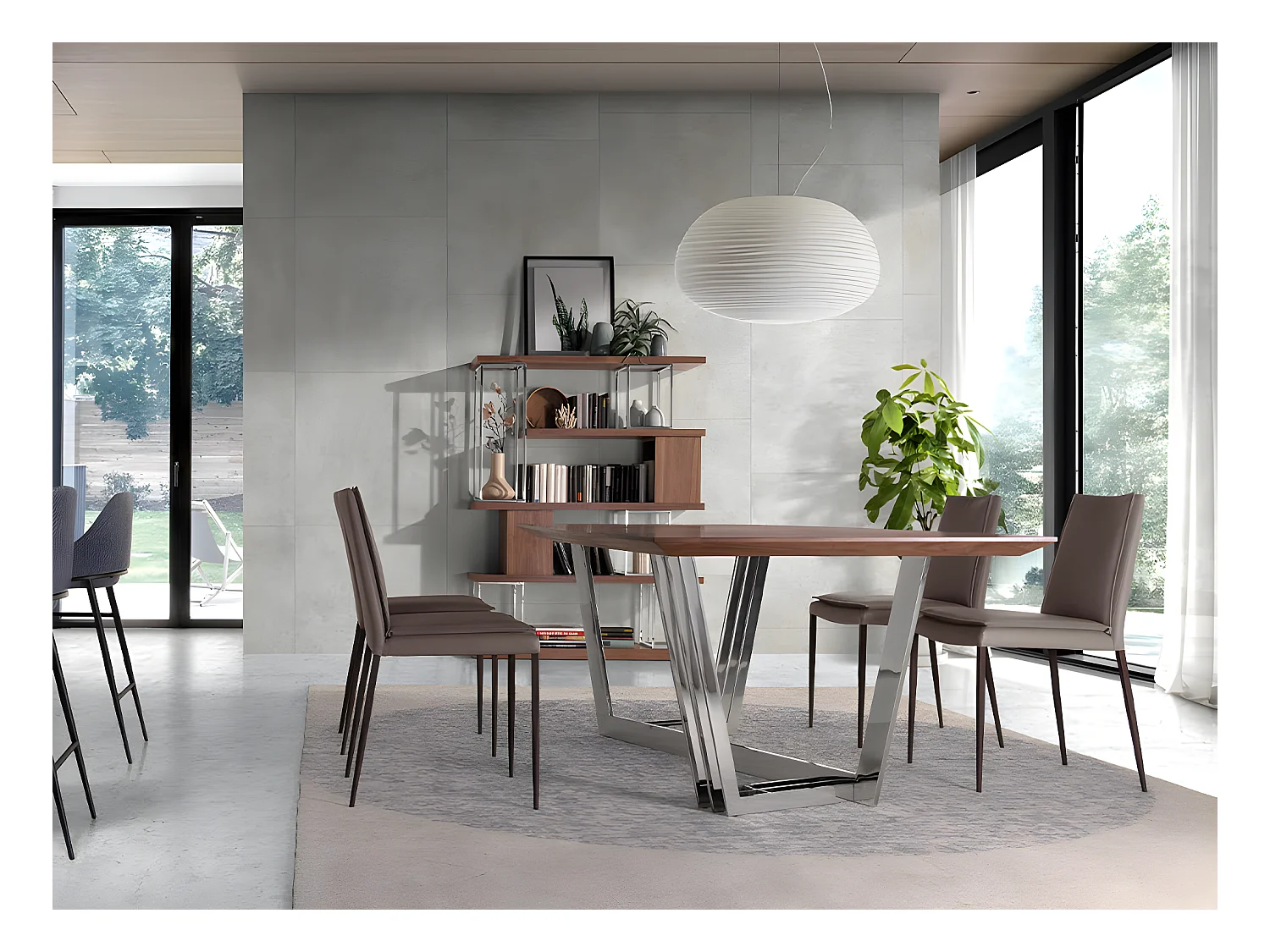 Mesa de jantar em madeira de nogueira e aço cromado 1097