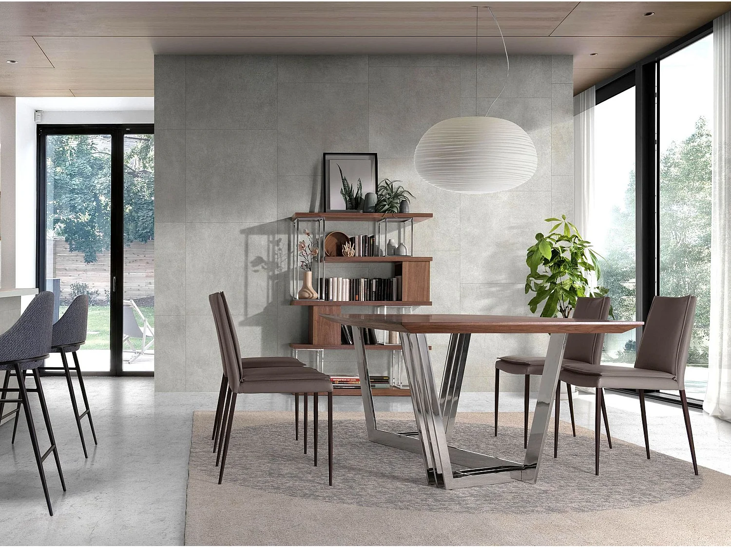 Table à manger baril ovale noyer et acier chromé 1097 ANGEL CERDA