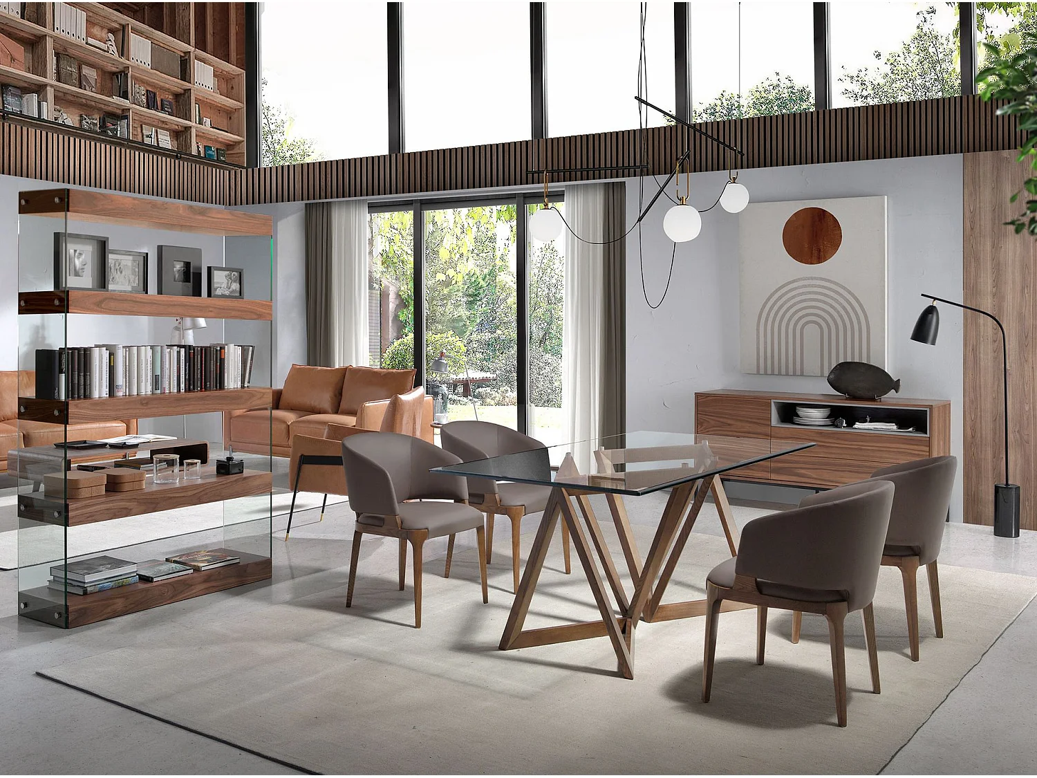 Table à manger rectangulaire verre trempé et noyer 1102 ANGEL CERDA