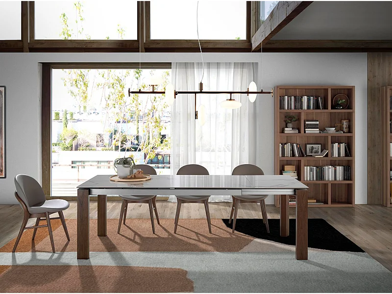 Uitschuifbare eettafel rechthoekig porselein marmer en walnoot fineer 1095 ANGEL CERDA