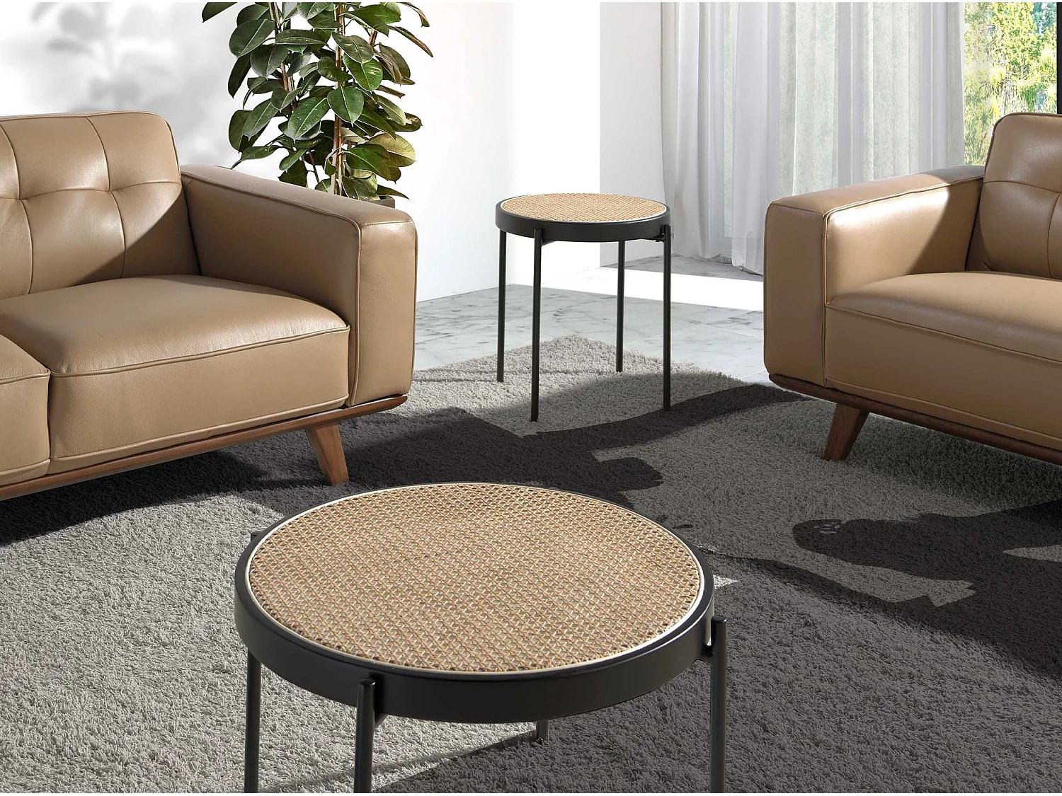 Mesa rincón redonda rattan, madera negra y acero negro 2109 ANGEL CERDA