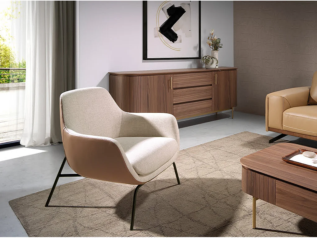 Fauteuil en tissu crème et similicuir marron 5099 ANGEL CERDA