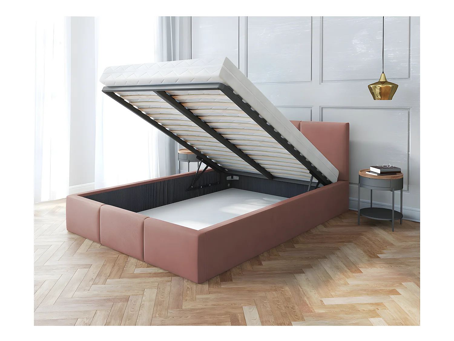 Lit Double Tesia 160x200 + coffre - Sommier inclus Rose misty
