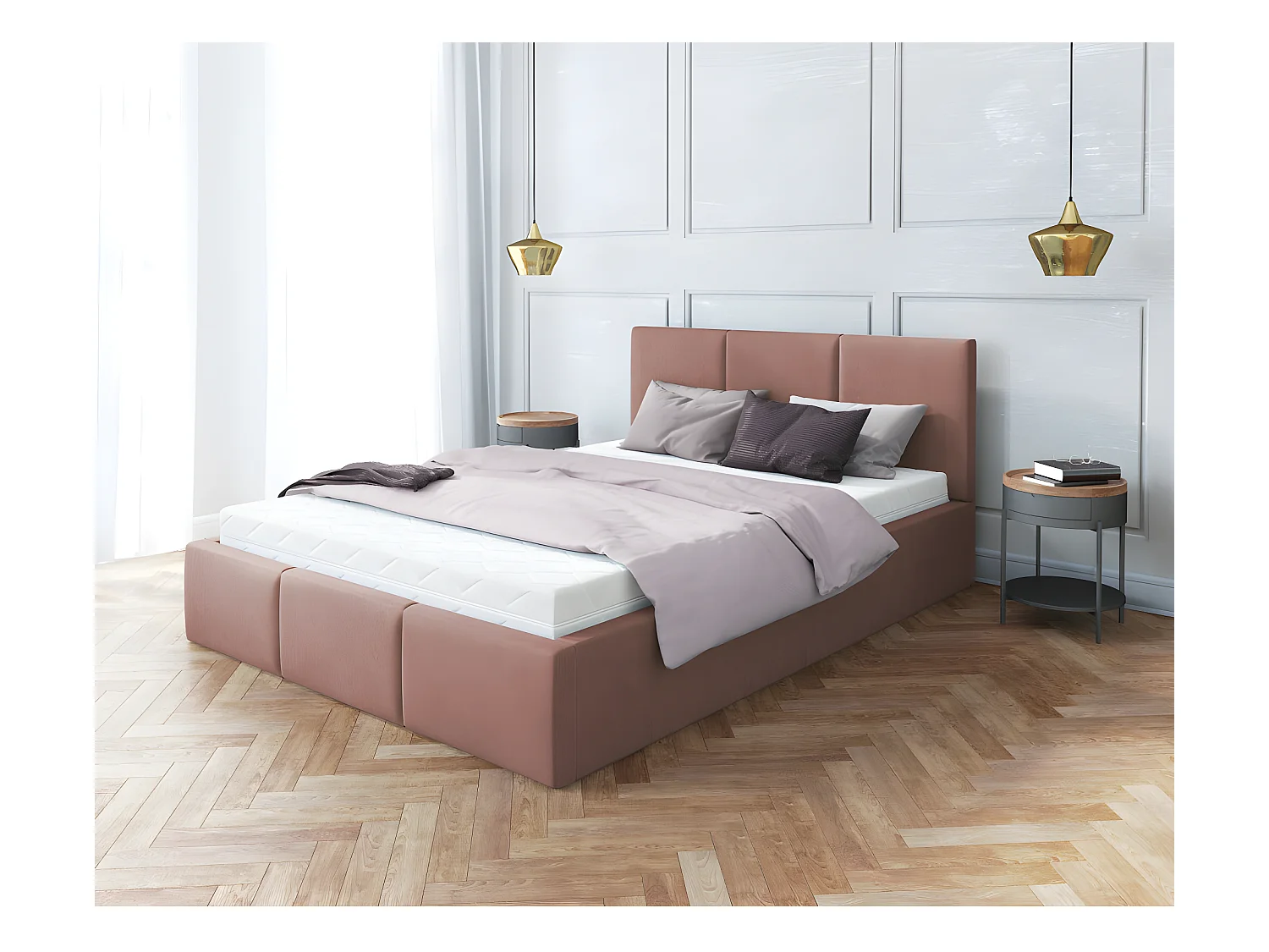 Lit Double Tesia 160x200 + coffre - Sommier inclus Rose misty