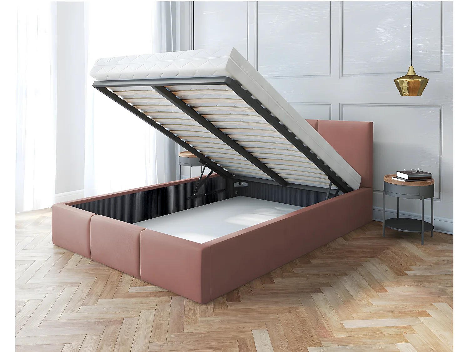 Lit Double Tesia 160x200 + coffre - Sommier inclus Rose misty