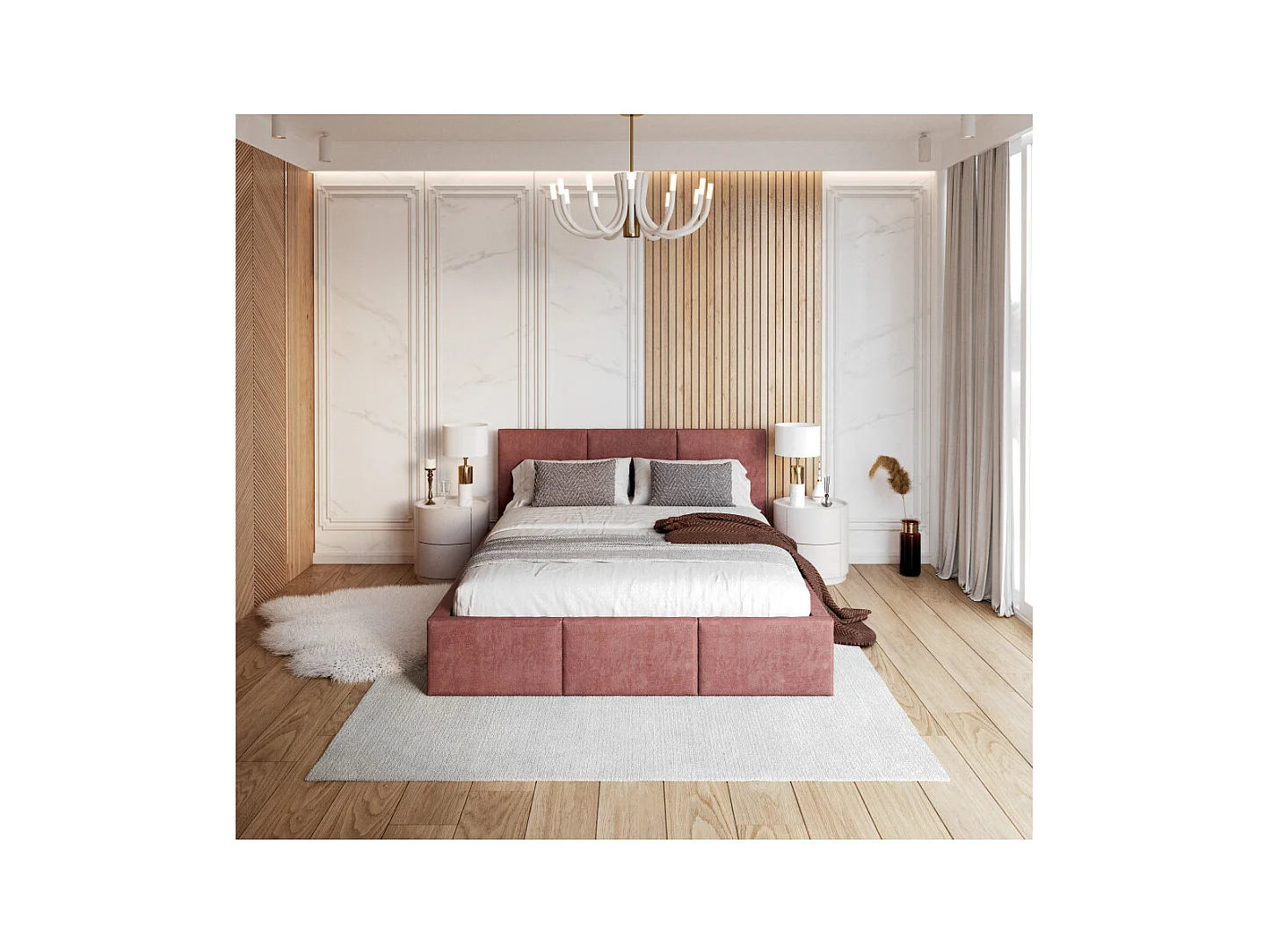 Lit Double Tesia 140x190 + Coffre - Sommier inclus Rose misty