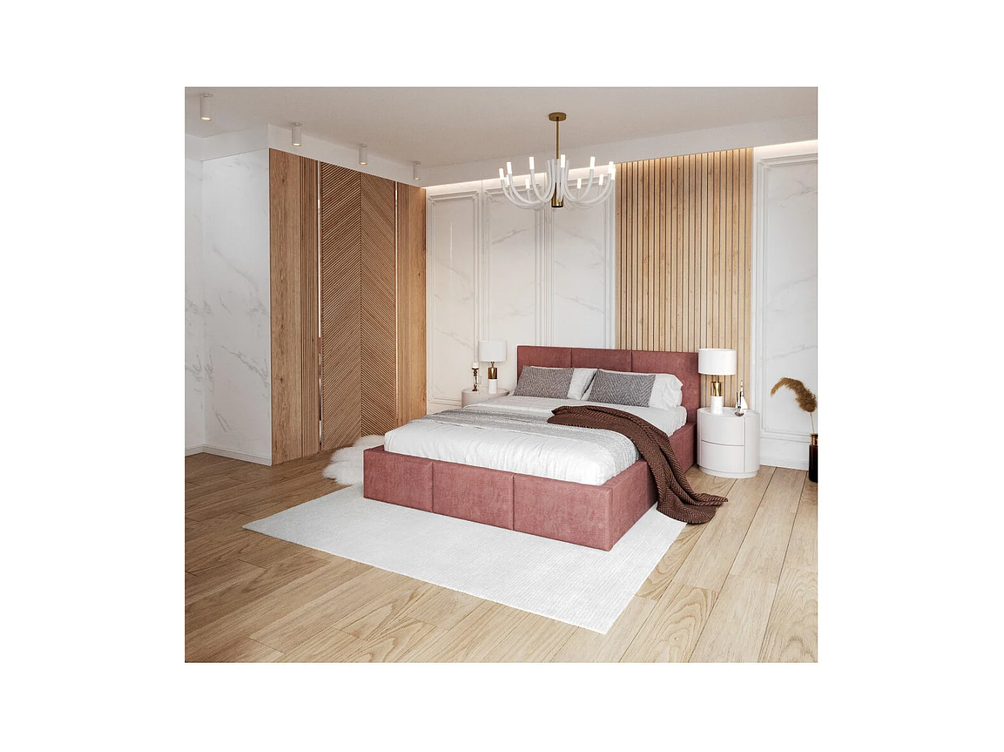 Lit Double Tesia 140x190 + Coffre - Sommier inclus Rose misty