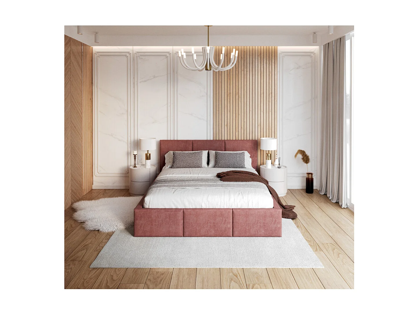 Lit Double Tesia 140x190 + Coffre - Sommier inclus Rose misty