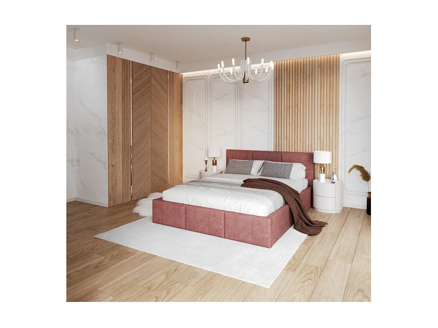 Lit Double Tesia 140x190 + Coffre - Sommier inclus Rose misty