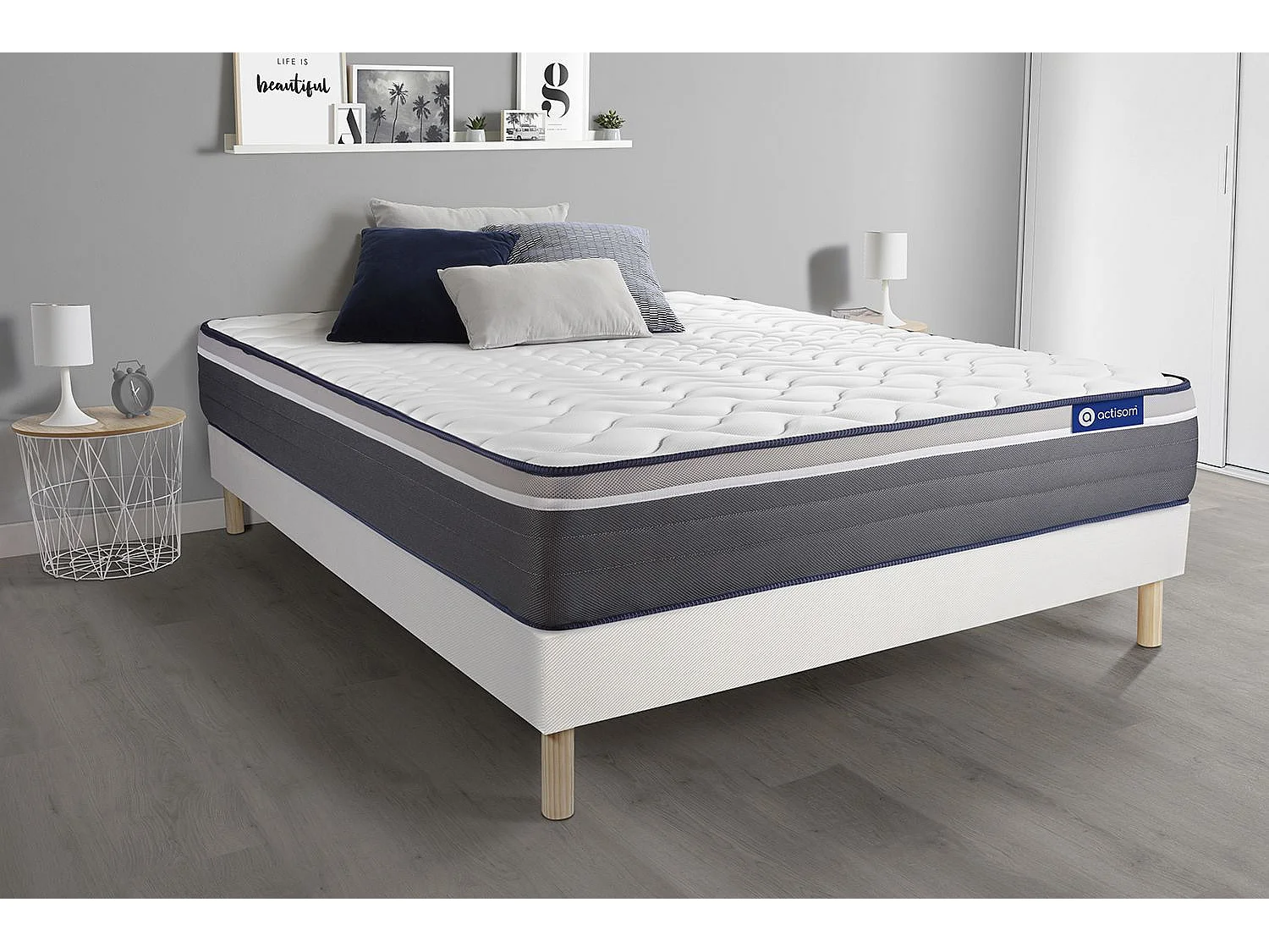 Ensemble matelas ACTIMEMO PLUS 80x200 Mémoire de forme Maxi épaisseur 7zones de confort + sommier KIT blanc