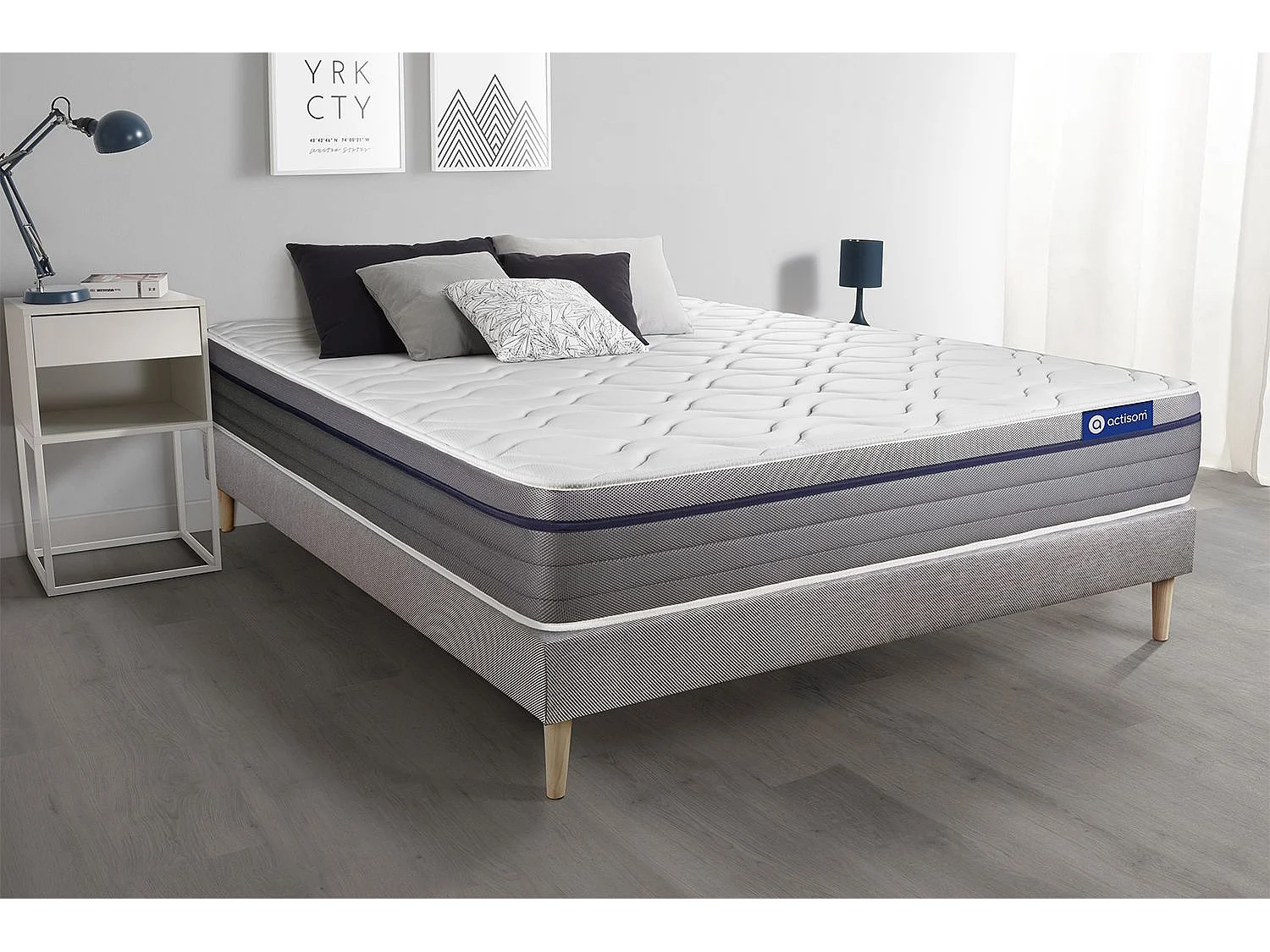 Ensemble matelas Latex+Mémoire de forme ACTILATEX ZEN 80x190 Maxi épaisseur 7zones de confort + sommier KIT gris