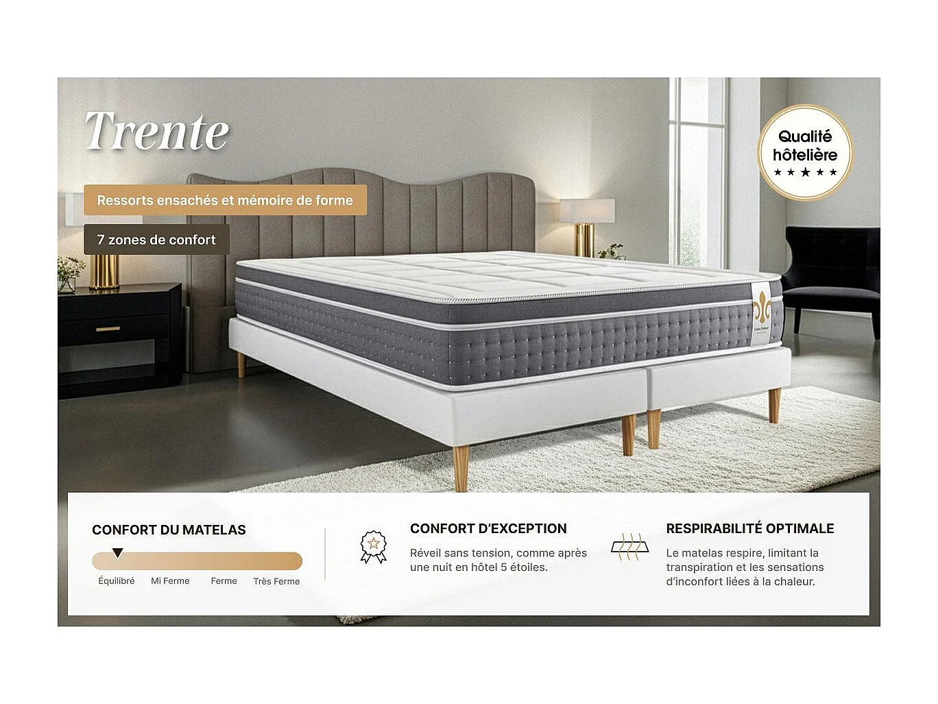 Ensemble Le Trente 160 x 200 cm double sommiers Gris