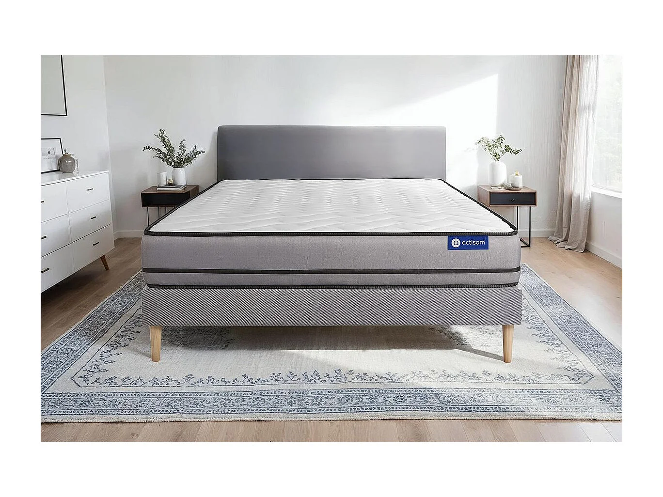 Ensemble matelas ACTILATEX 120x190cm 2 faces à MÉMOIRE DE FORME + LATEX 3zones de confort + sommier KIT gris