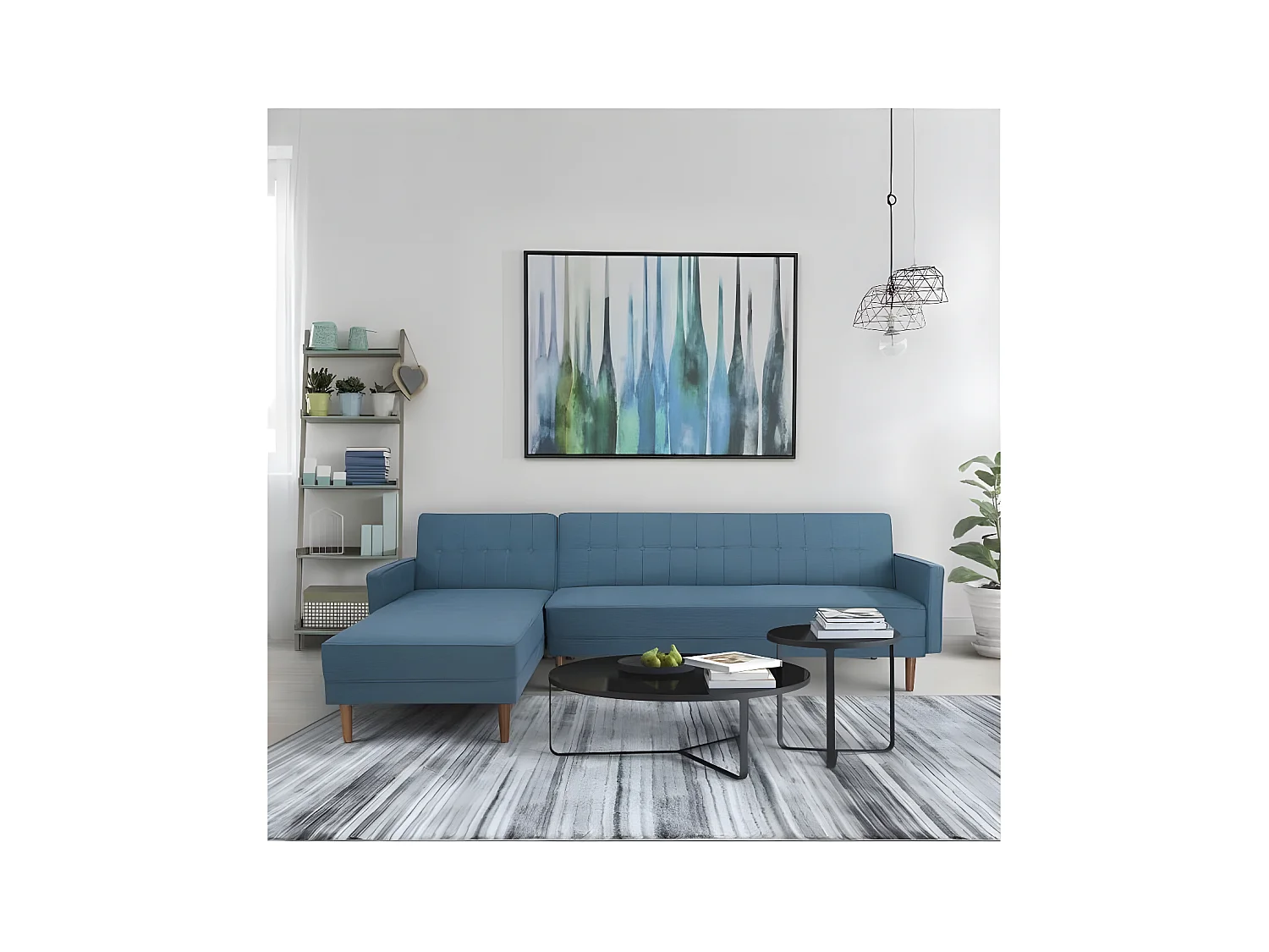 Canape dangle reversible - 3 places - Tissu bleu - L 286 x P 169 x H 80 cm - IMANIA - Pieds en bois
