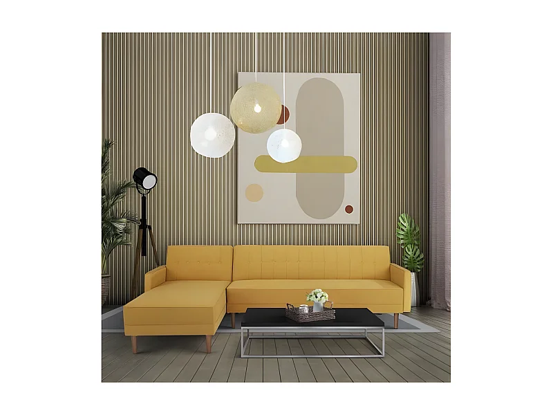 Canape dangle 3 places reversible - Tissu jaune moutarde - Pieds en bois - L 286 x P 169 x H 80 cm - IMANIA