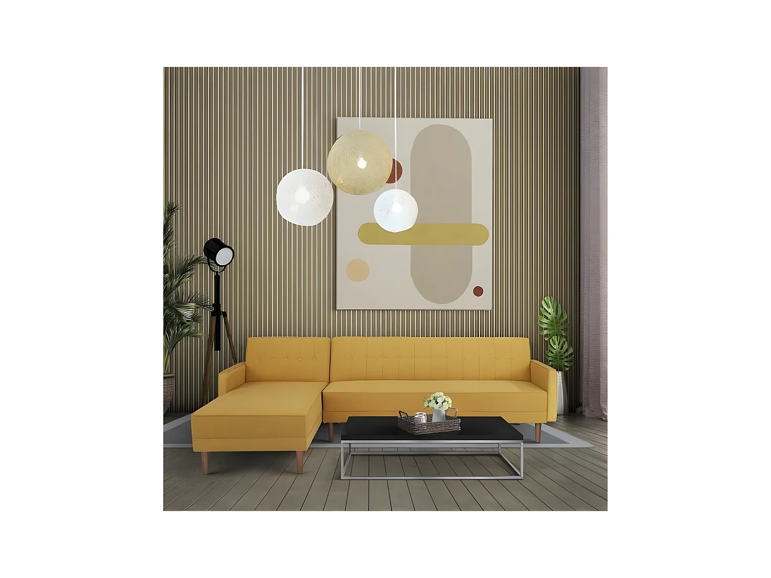 Canape dangle 3 places reversible - Tissu jaune moutarde - Pieds en bois - L 286 x P 169 x H 80 cm - IMANIA