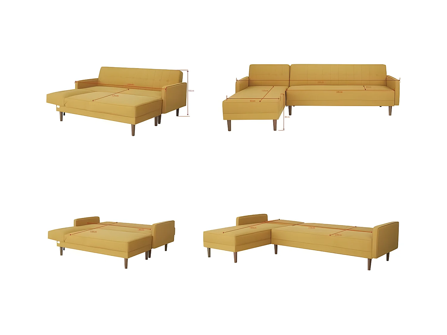 Canape dangle 3 places reversible - Tissu jaune moutarde - Pieds en bois - L 286 x P 169 x H 80 cm - IMANIA