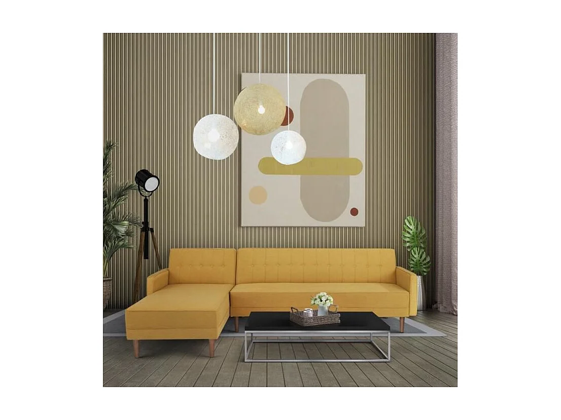 Canape dangle 3 places reversible - Tissu jaune moutarde - Pieds en bois - L 286 x P 169 x H 80 cm - IMANIA